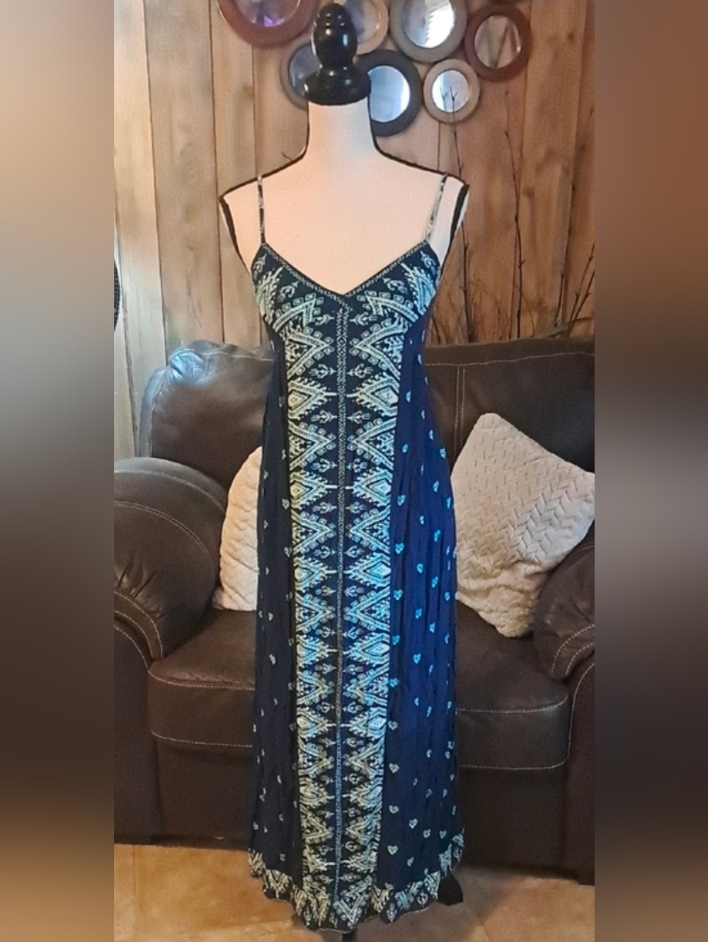 Aeropostale Boho Navy Blue Geo Pattern Maxi Dress with White Tribal Print Aztec